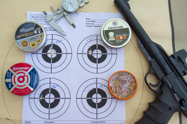 We tested the Buck Mark URX with several types of lead and ballistic alloy pellets. It worked just fine with all of them although some displayed slightly better accuracy. The Sig Sauer Match Ballistic Alloy pellets printed the smallest group.